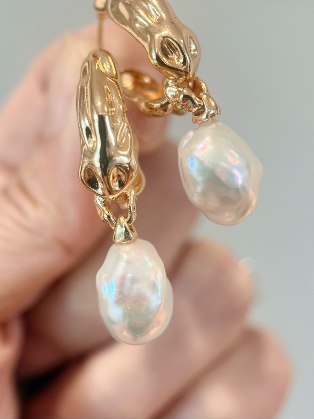Goldtone Earrings with White Baroque Pearl Drops